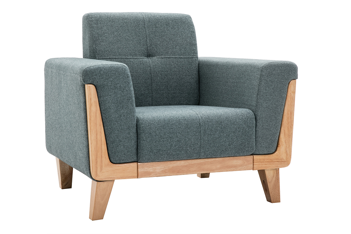 Fauteuil scandinave en tissu vert de gris et bois clair FJORD