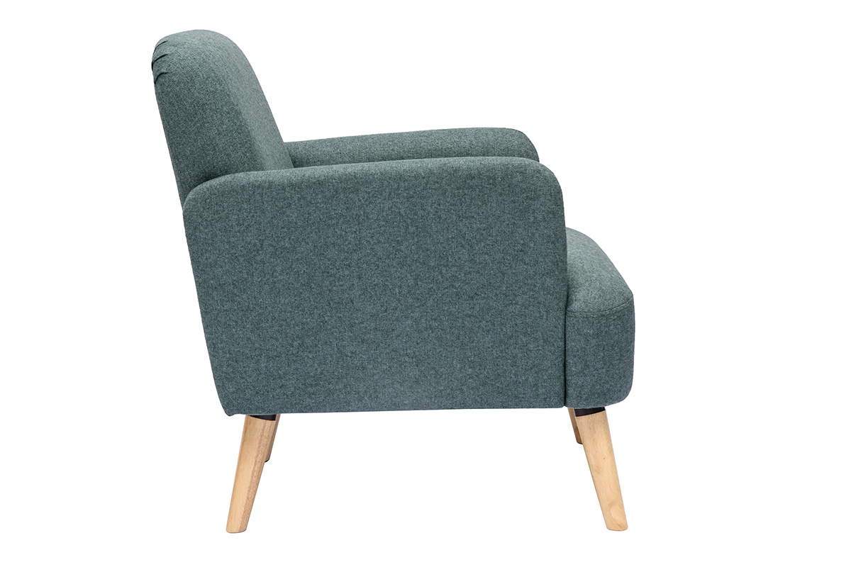 Fauteuil scandinave en tissu vert de gris et bois clair ISKO