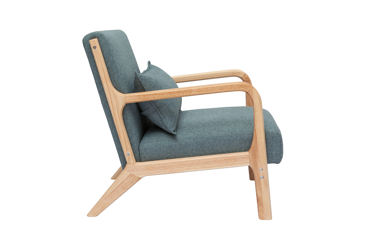 Fauteuil scandinave en tissu vert de gris et bois clair massif DERRY