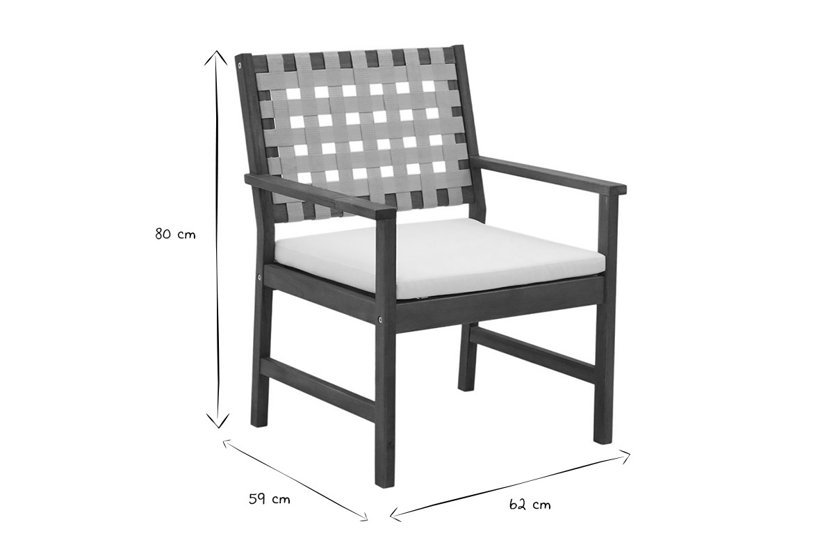 Fauteuils de jardin en bois massif avec coussin blanc et sangles beiges (lot de 2) SANTANA