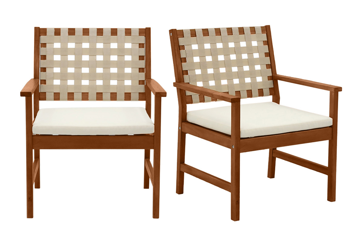 Fauteuils de jardin en bois massif avec coussin blanc et sangles beiges (lot de 2) SANTANA