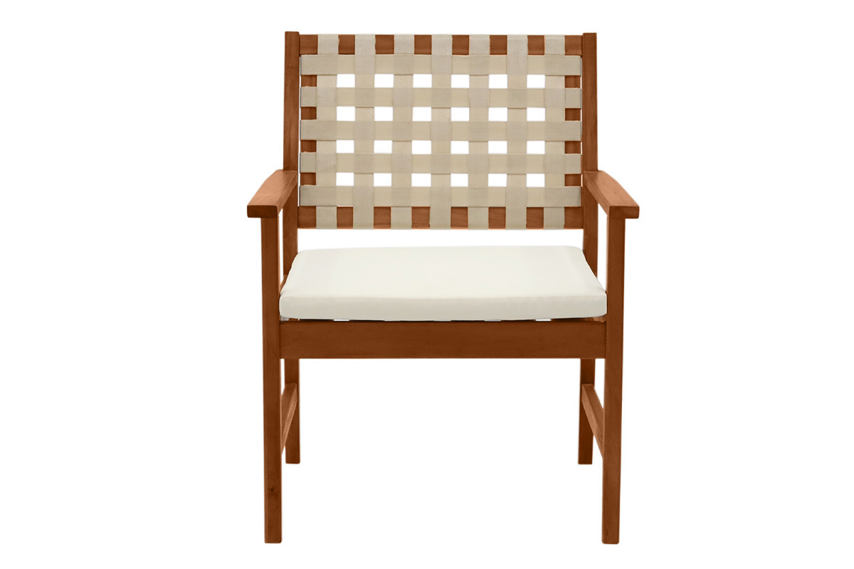 Fauteuils de jardin en bois massif avec coussin blanc et sangles beiges (lot de 2) SANTANA