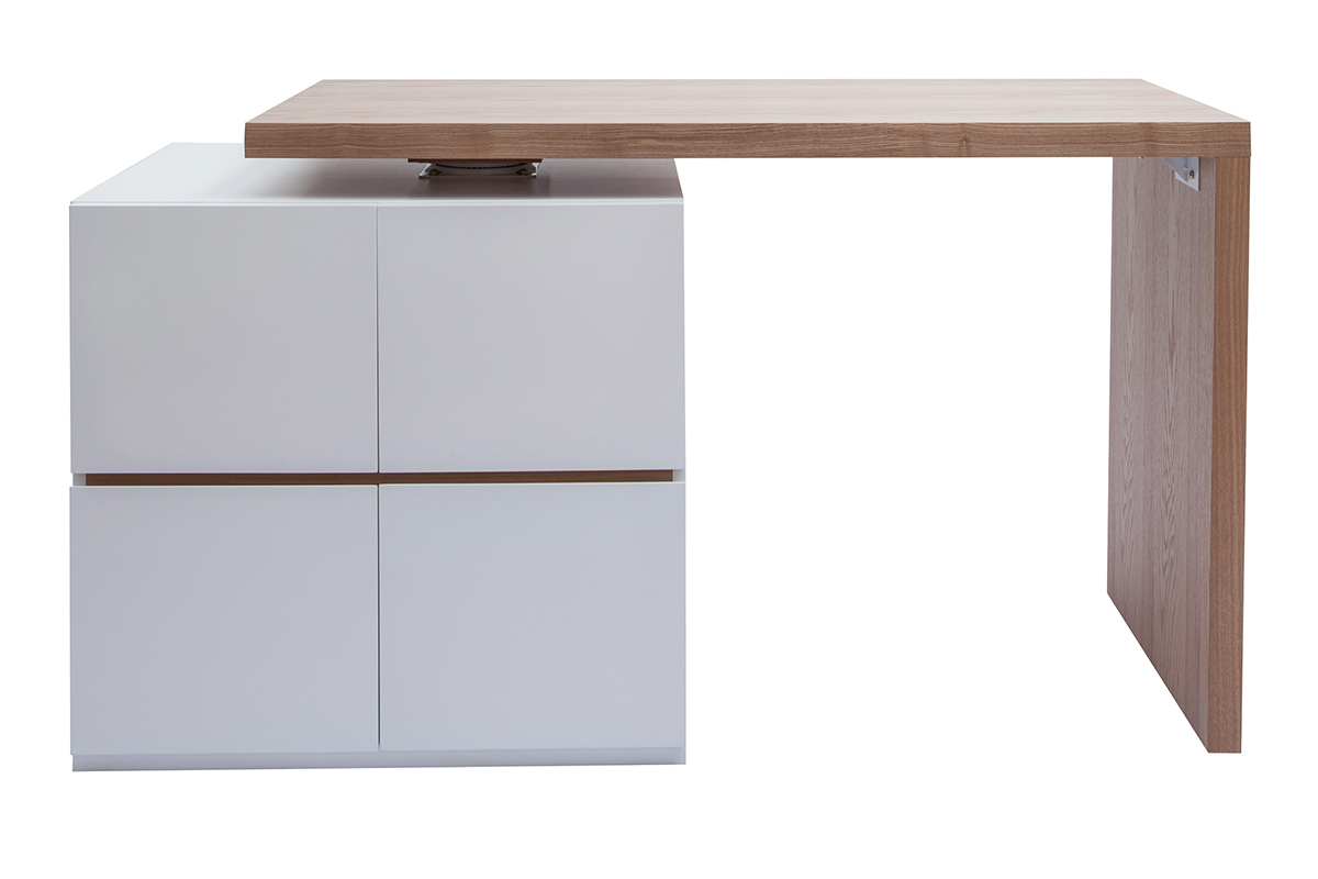 lot - table de bar modulable avec rangement blanc mat et bois clair chne L140-165 cm MAX