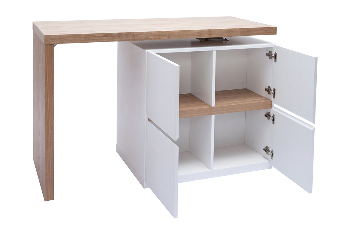 lot - table de bar modulable avec rangement blanc mat et bois clair chne L140-165 cm MAX