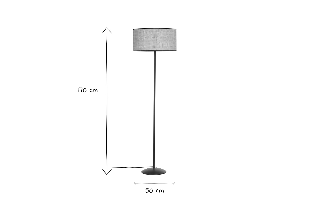 Lampadaire en rabane et mtal noir H170 cm ALOE