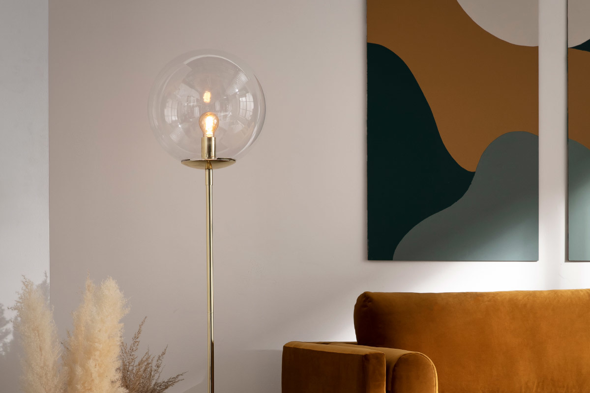 Lampadaire globe en verre et mtal dor H160 cm SOAP