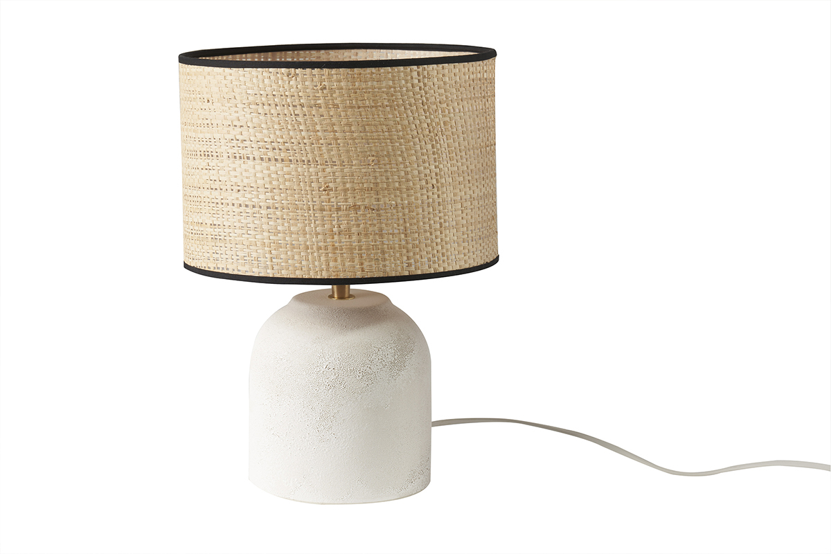 Lampe  poser blanche en cramique effet pierre et abat-jour en raphia H35 cm ROCHA