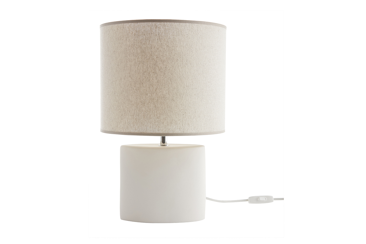 Lampe  poser en cramique blanc mat et abat-jour en lin naturel TIGA