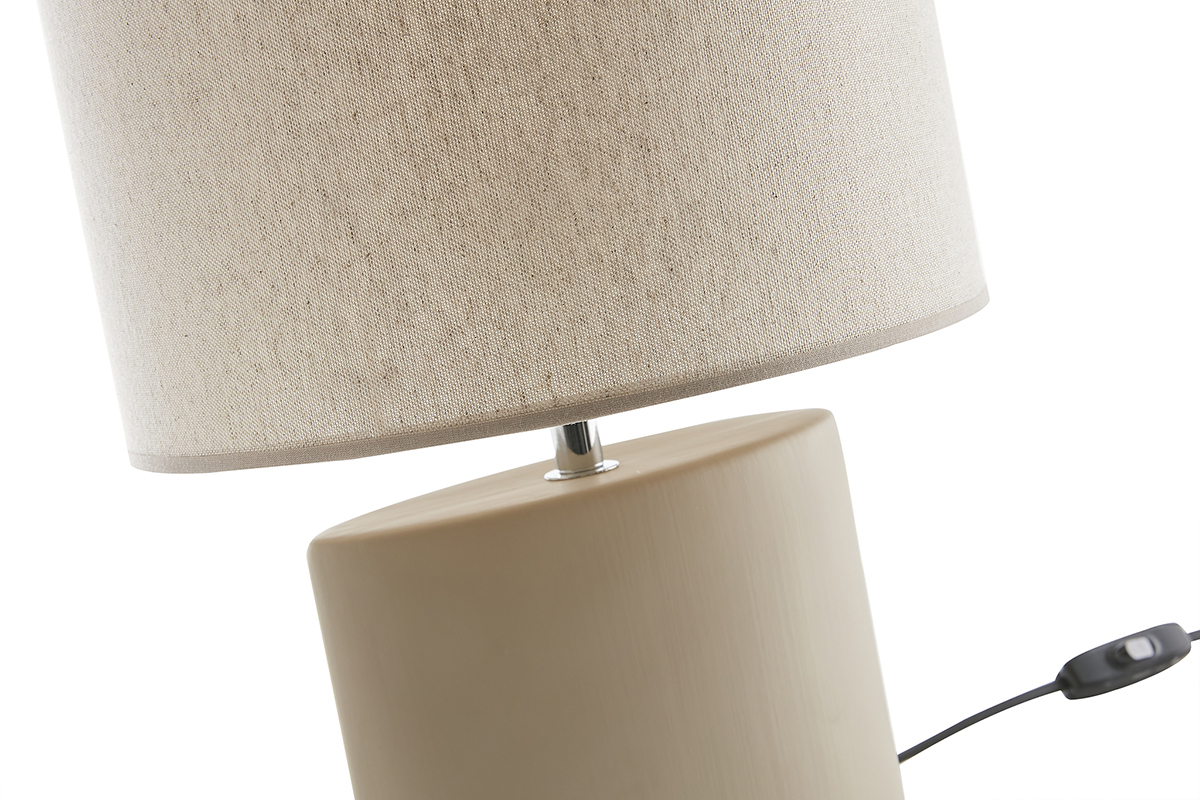 Lampe  poser en cramique taupe mat et abat-jour en lin naturel TIGA