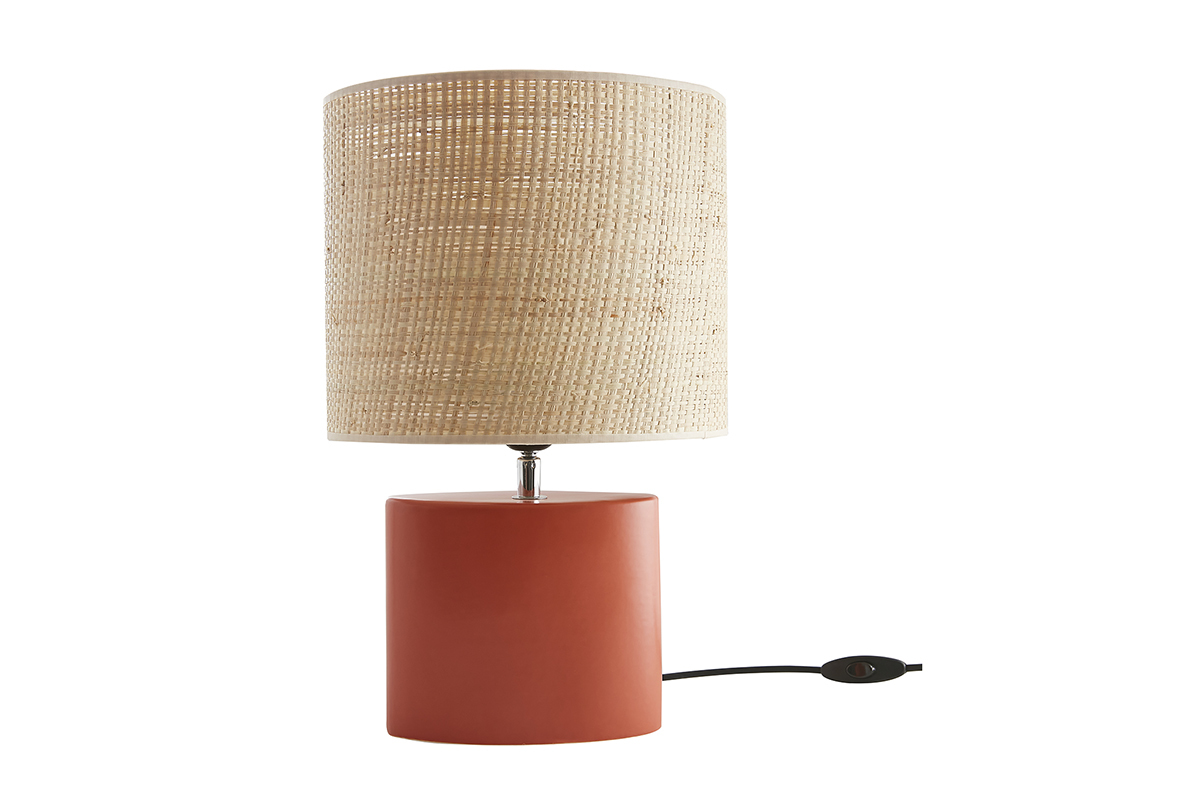 Lampe  poser en cramique terracotta mat et abat-jour en raphia naturel H40 cm TIGA