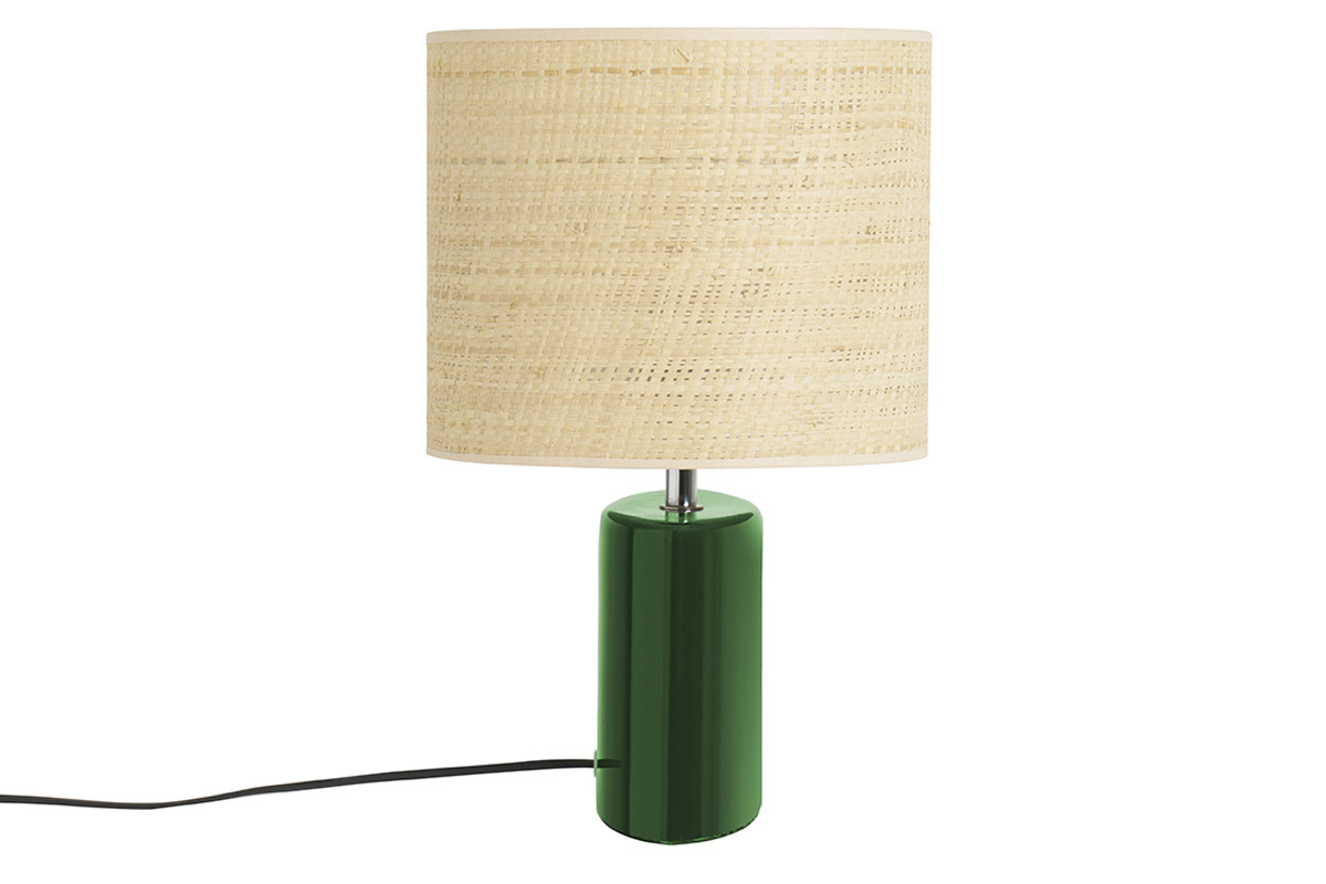 Lampe  poser en cramique vert fonc et abat-jour en raphia naturel H40 cm TIGA