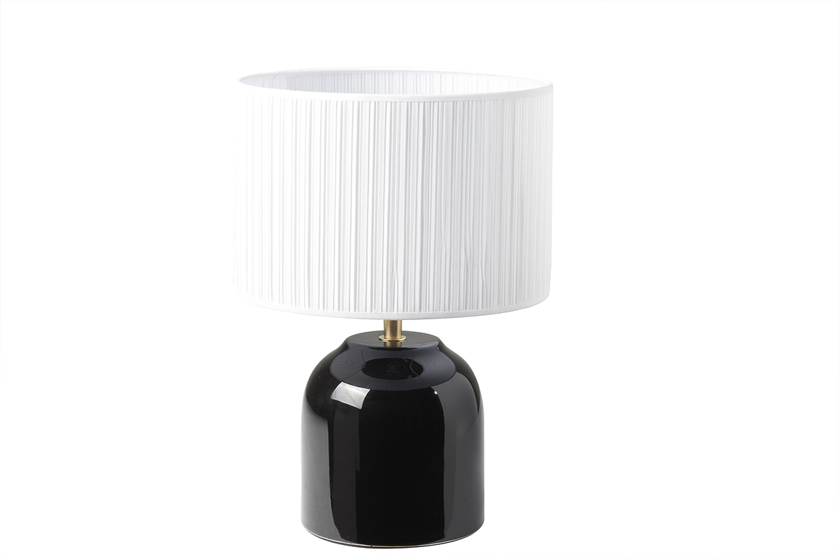 Lampe  poser noire en cramique brillante et abat-jour en tissu pliss blanc H35 cm PIEGA