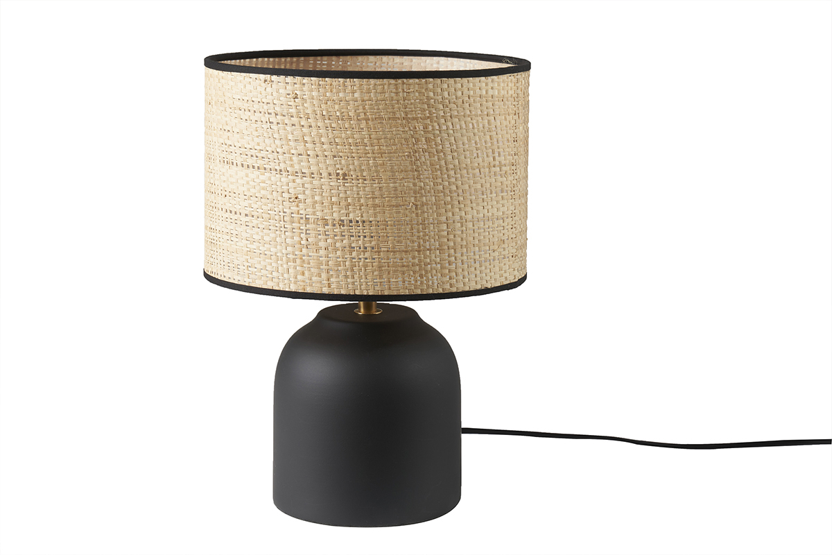 Lampe  poser noire en cramique mate et abat-jour en raphia H35 cm ROCHA