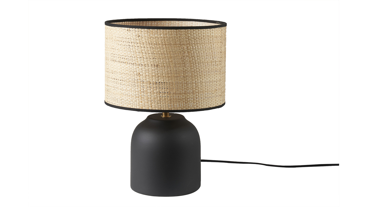 Lampe  poser noire en cramique mate et abat-jour en raphia H35 cm ROCHA