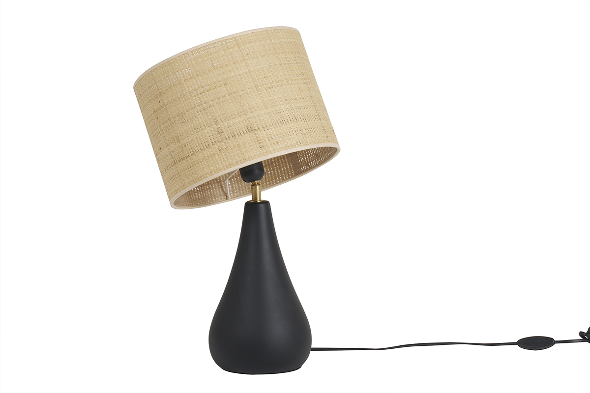 Lampe  poser noire en cramique mate et abat-jour en raphia H49 cm PYRUS