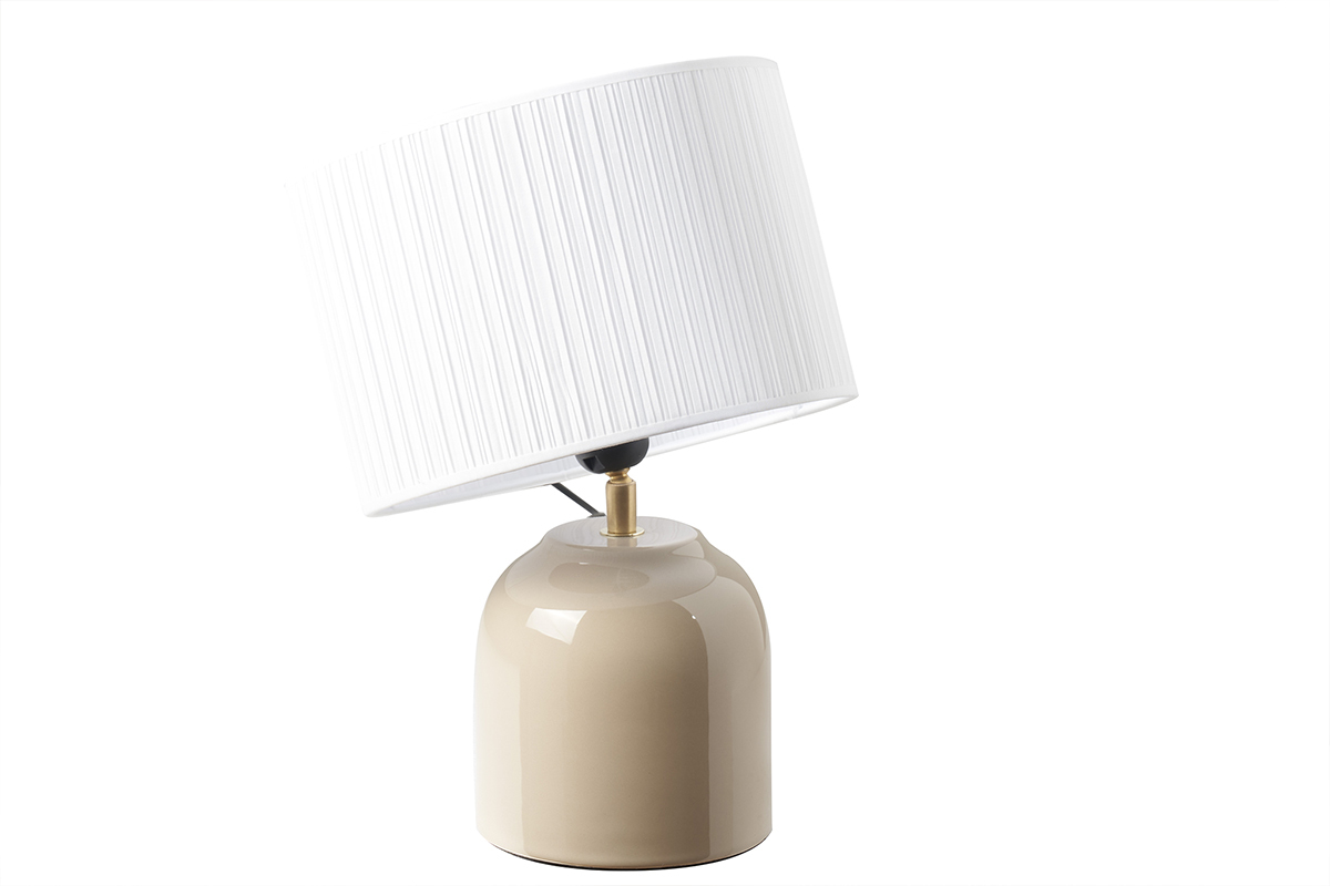 Lampe  poser taupe en cramique brillante et abat-jour en tissu pliss blanc H35 cm PIEGA