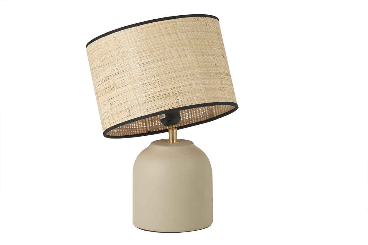 Lampe  poser taupe en cramique mate et abat-jour en raphia H35 cm ROCHA