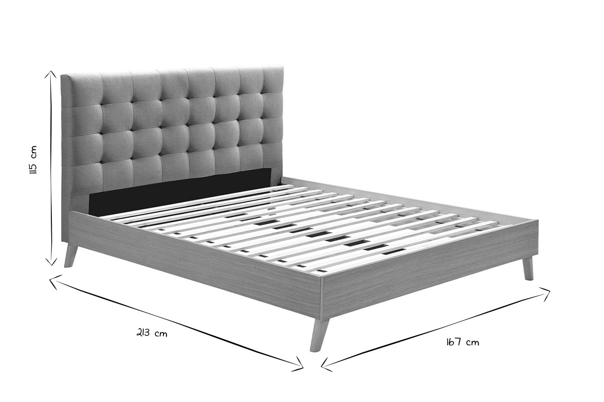 Lit 2 places 160x200 cm en bois et tissu gris capitonn LYNN