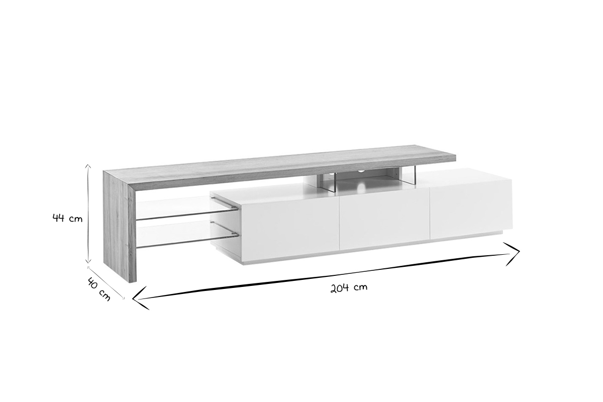 Meuble TV design blanc laqu mat plateau bois L204 cm MEDIA