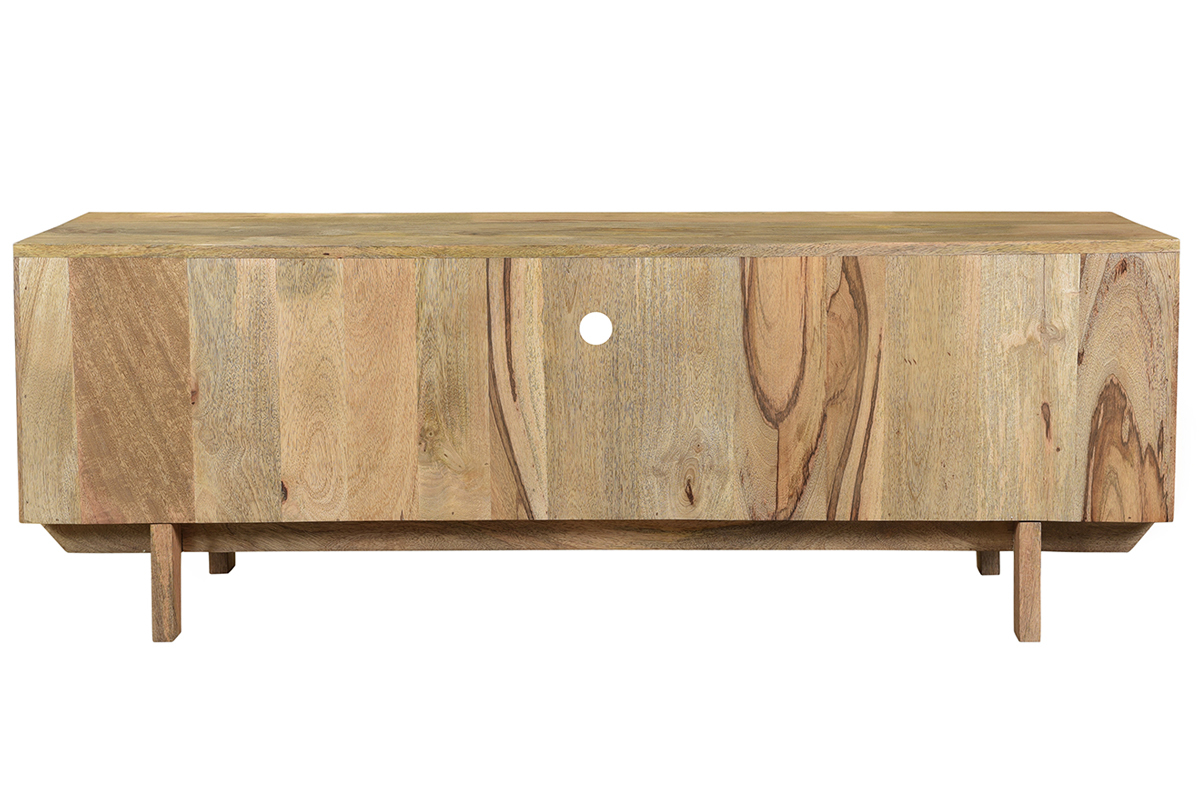 Meuble TV design en bois manguier massif et dtails dors L140 cm ZAIKA