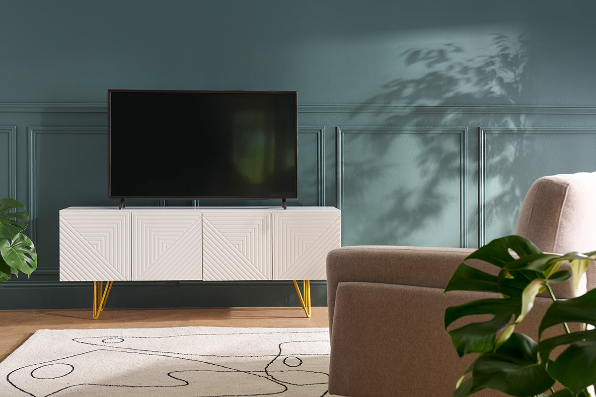 Meuble TV design grav blanc et mtal dor L140 cm OZEN