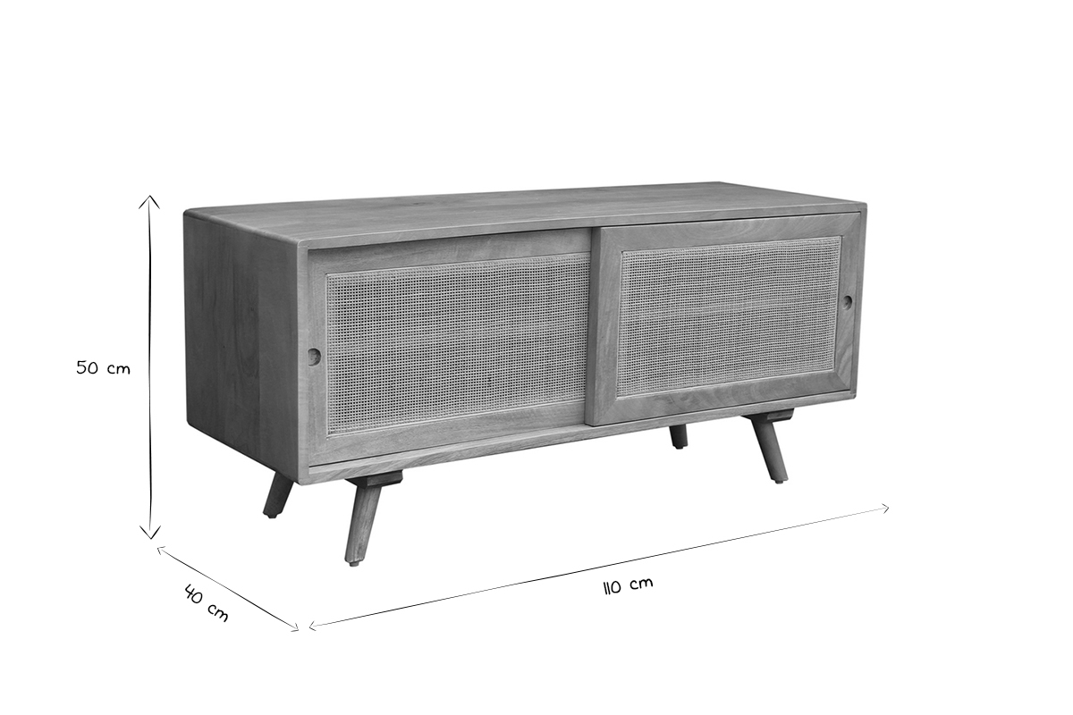 Meuble TV en bois manguier massif et cannage rotin L110 cm ACANGE