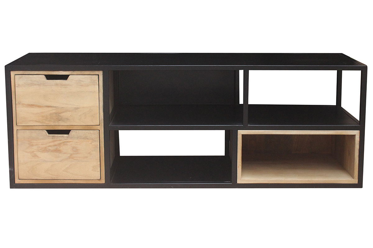 Meuble TV en bois manguier massif et mtal noir L140 cm JAIPUR