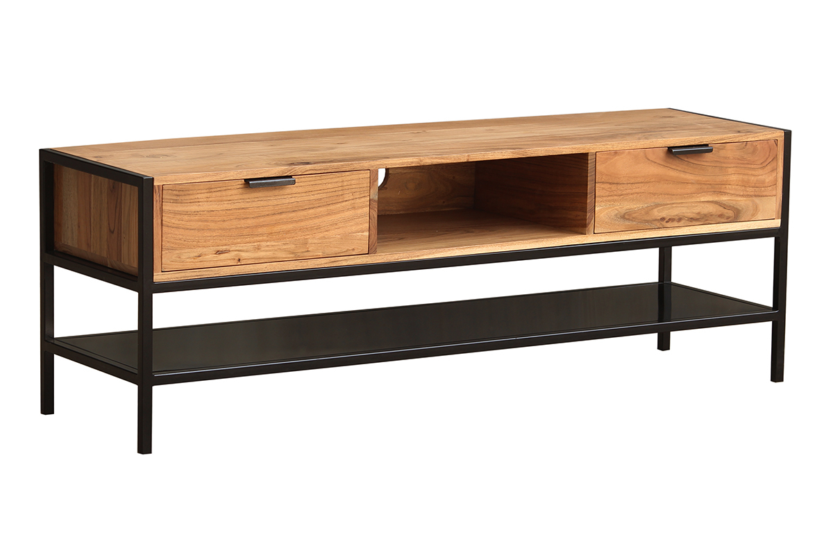 Meuble TV en bois massif et mtal noir 2 tiroirs 140cm ARTHUS