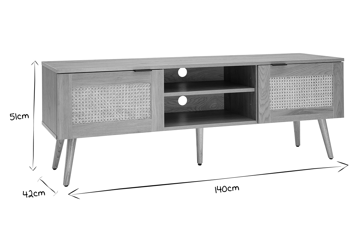 Meuble TV finition bois clair, cannage rotin et mtal noir 2 portes L140 cm MANILLE