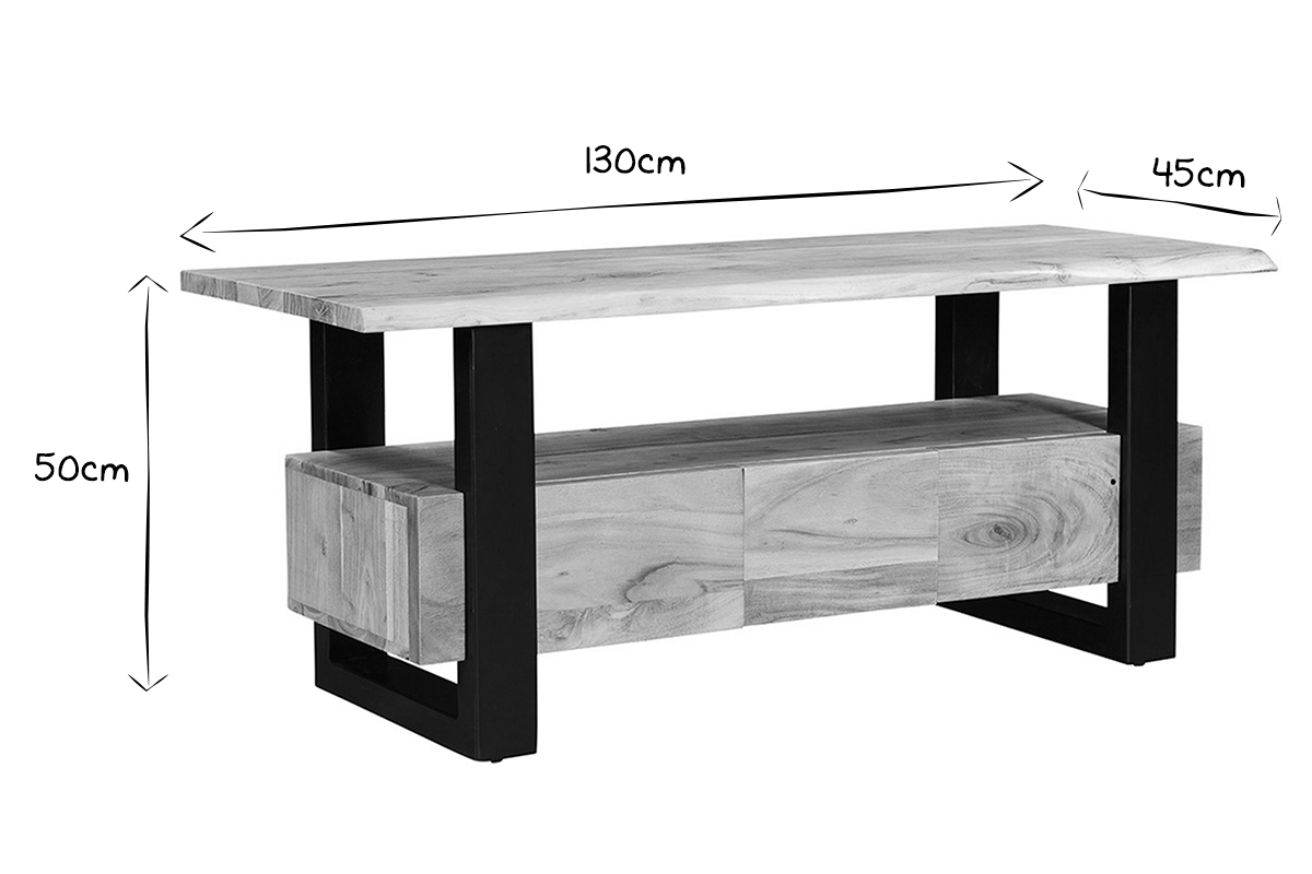 Meuble TV industriel bois massif et mtal noir 3 tiroirs L130 cm WAYI