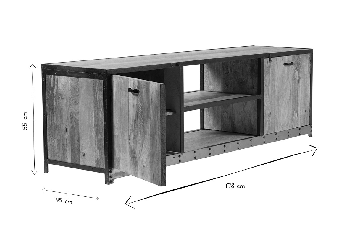 Meuble TV industriel en bois manguier massif L178 cm INDUSTRIA