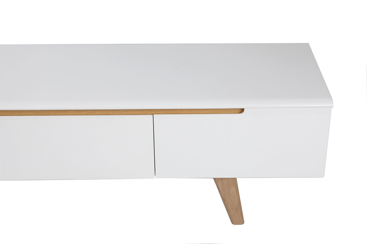 Meuble TV scandinave blanc brillant et bois L180 cm MELKA