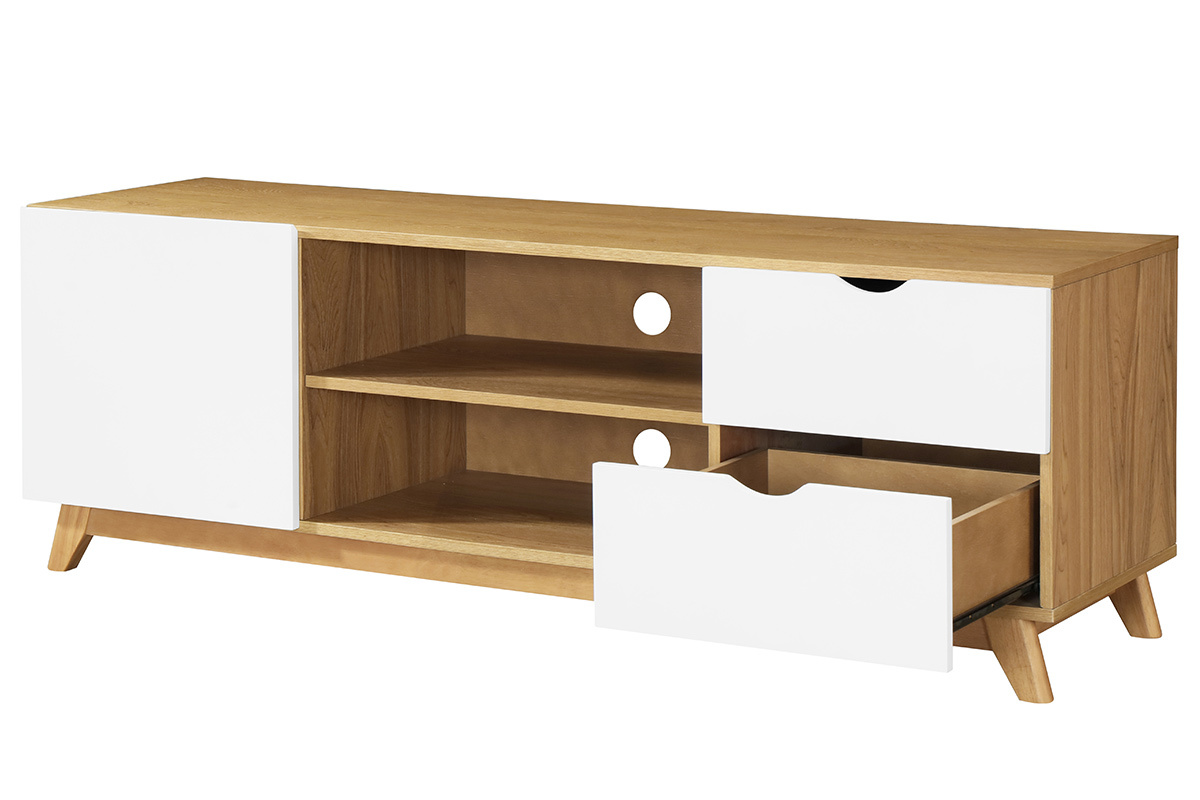 Meuble TV scandinave blanc et bois clair L150 cm NEELA