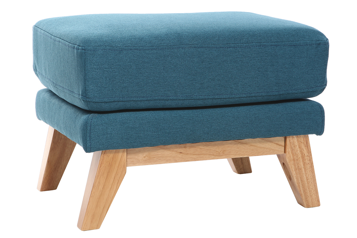 Pouf repose-pieds dhoussable scandinave en tissu bleu canard et bois clair OSLO