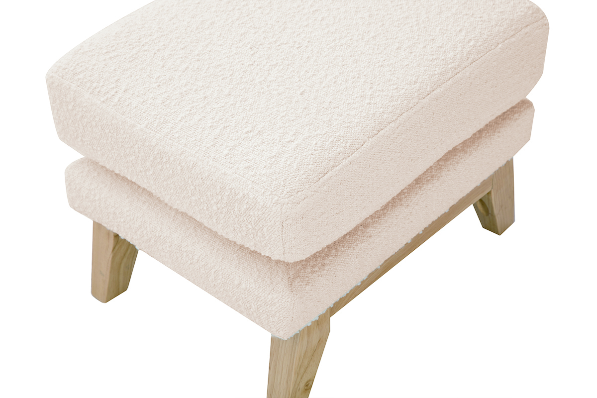 Pouf repose-pieds dhoussable scandinave en tissu effet laine boucle blanc cass et bois clair OSLO