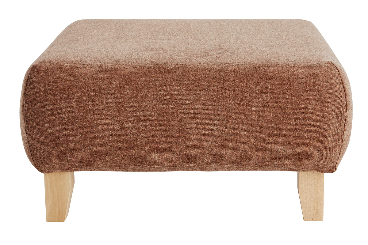 Pouf repose-pieds en tissu effet velours textur terracotta et bois clair massif L75 cm ODEON