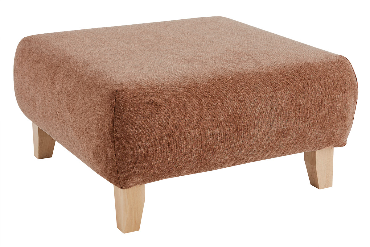 Pouf repose-pieds en tissu effet velours textur terracotta et bois clair massif L75 cm ODEON