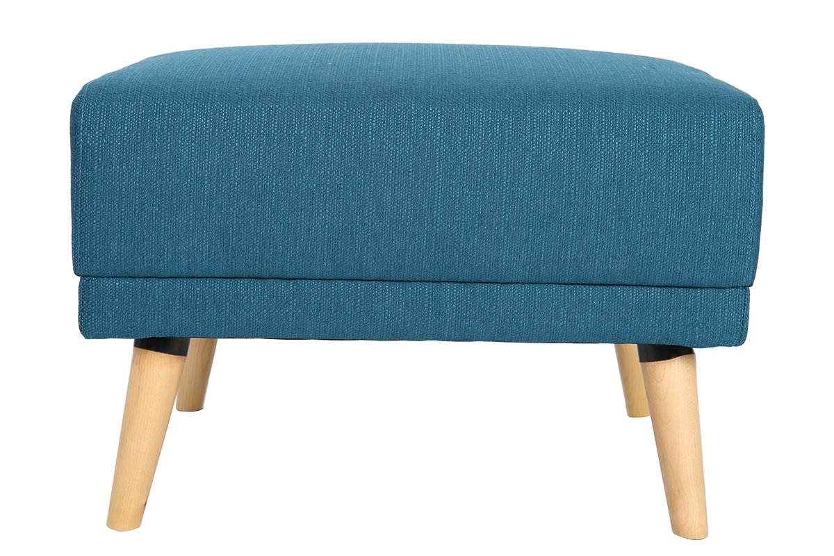 Pouf repose-pieds scandinave en tissu bleu canard et bois clair ULLA