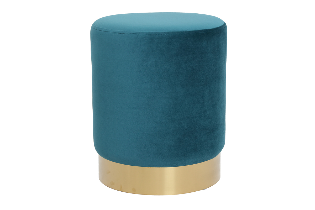 Pouf rond design en tissu velours bleu canard et mtal dor D38 cm AMAYA