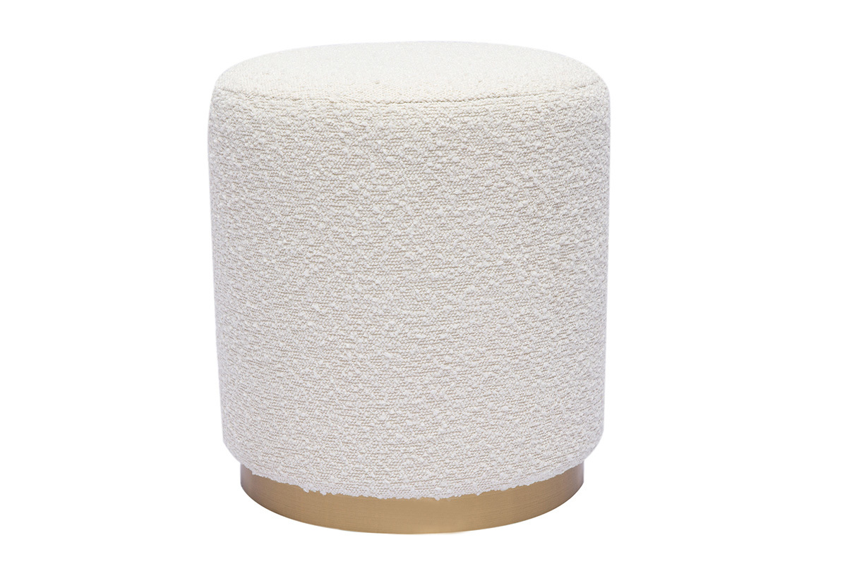 Pouf rond en tissu effet laine boucle blanc cass et mtal dor D40 cm AMAYA