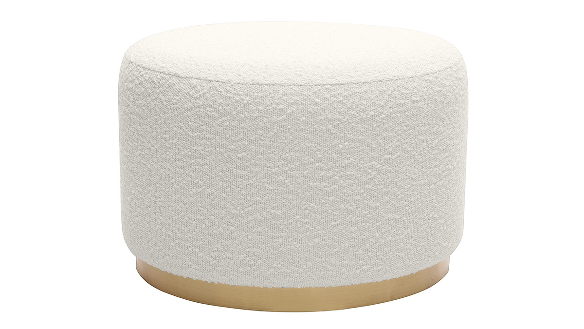 Pouf rond en tissu effet laine boucle blanc cass et mtal dor D54 cm AMAYA