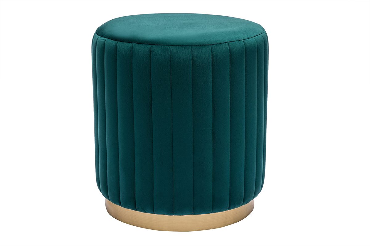 Pouf rond en velours bleu ptrole et mtal dor D40 cm DONA