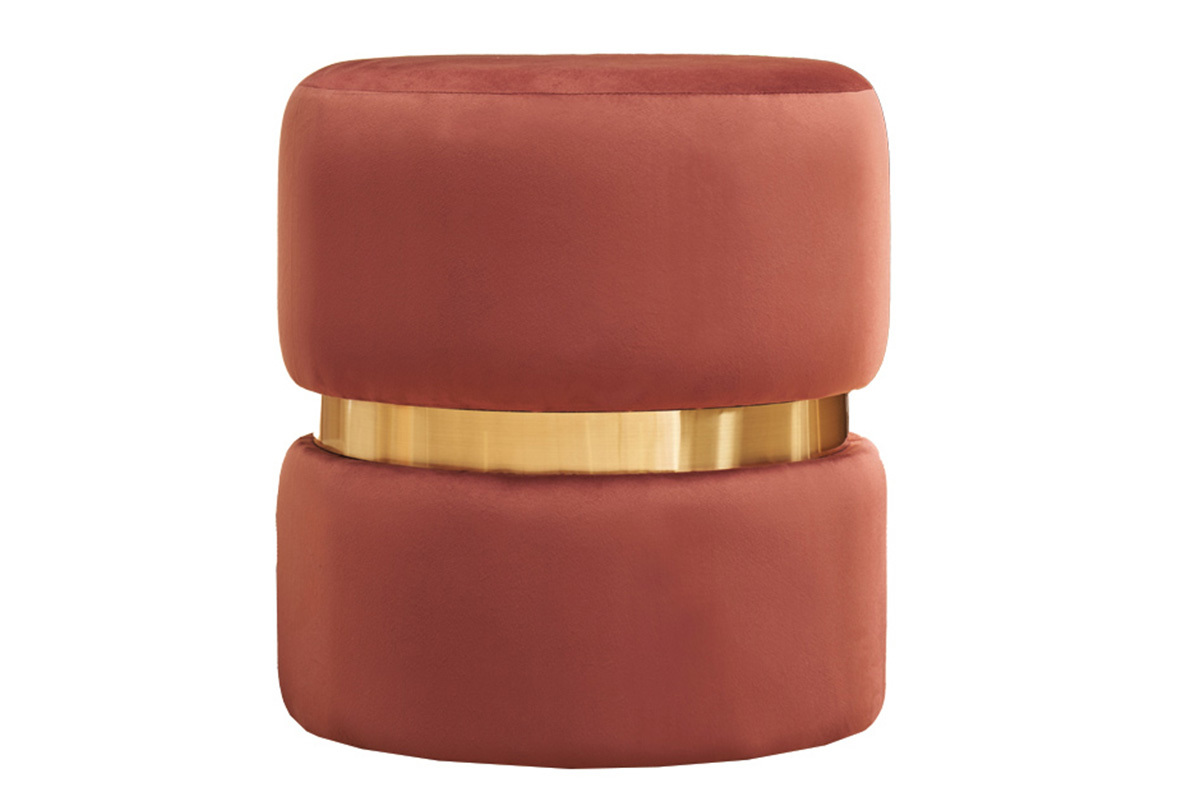 Pouf rond en velours bleu rouge tomette et mtal dor D40 cm JOY