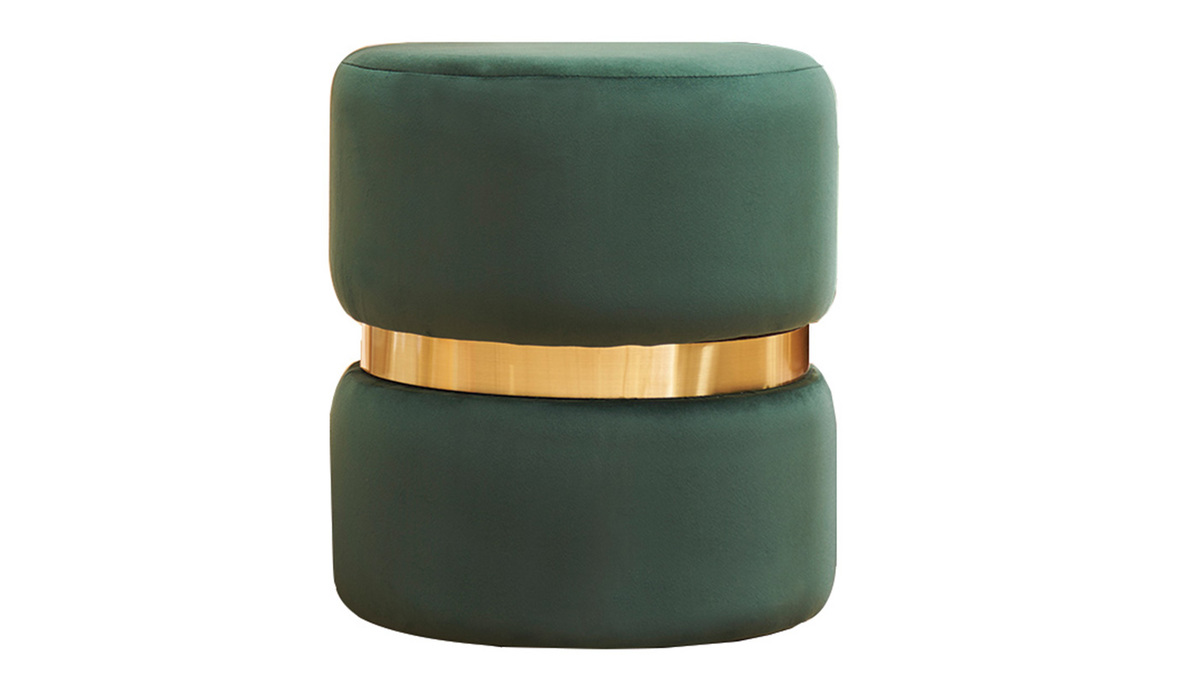 Pouf rond en velours vert fonc et mtal dor D40 cm JOY