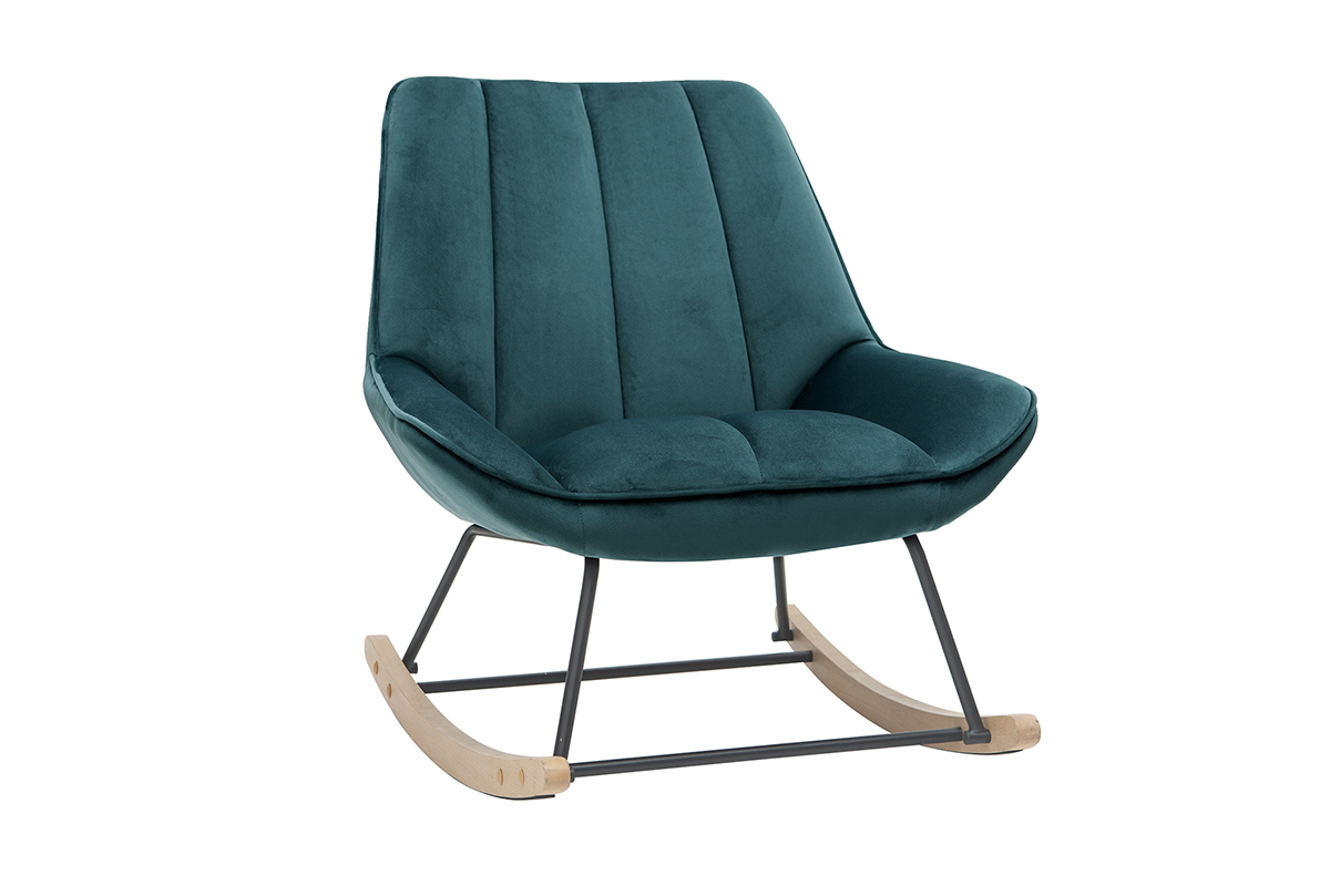 Rocking chair design en tissu velours bleu ptrole, mtal noir et bois clair BILLIE