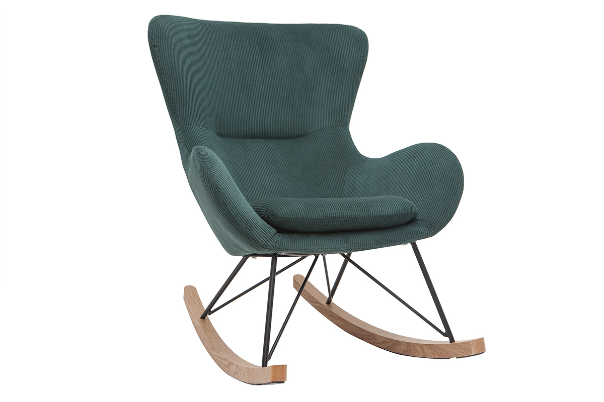 Rocking chair design en tissu velours ctel vert, mtal noir et bois clair ESKUA