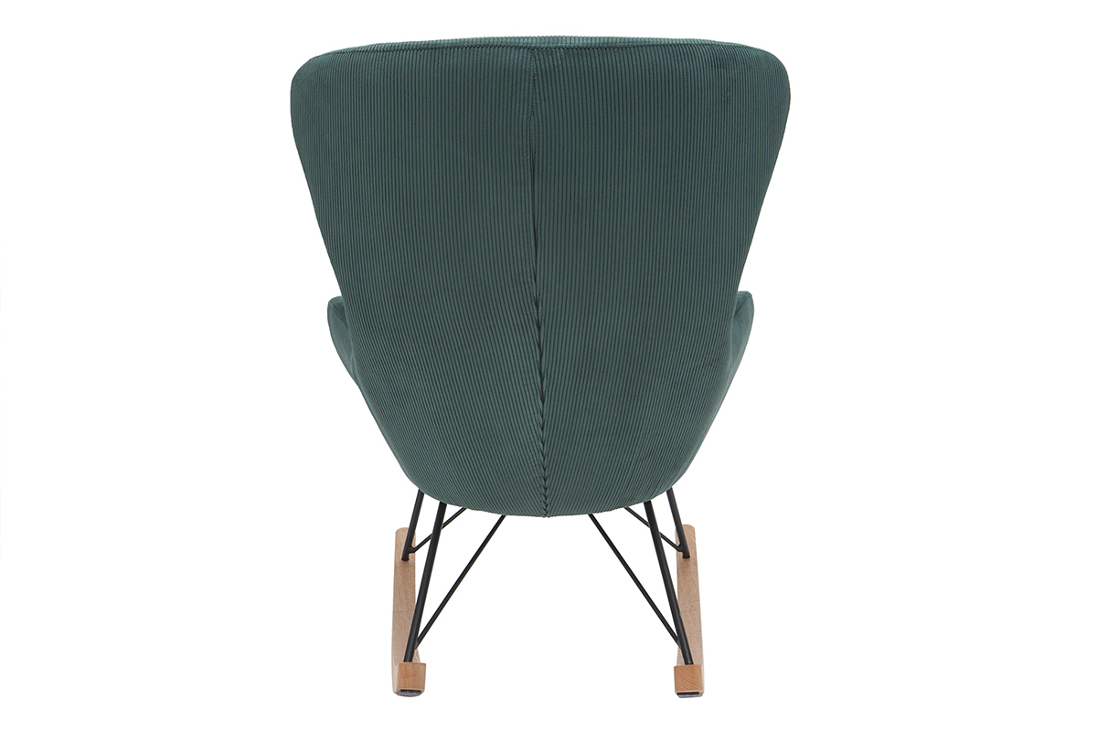 Rocking chair design en tissu velours ctel vert, mtal noir et bois clair ESKUA