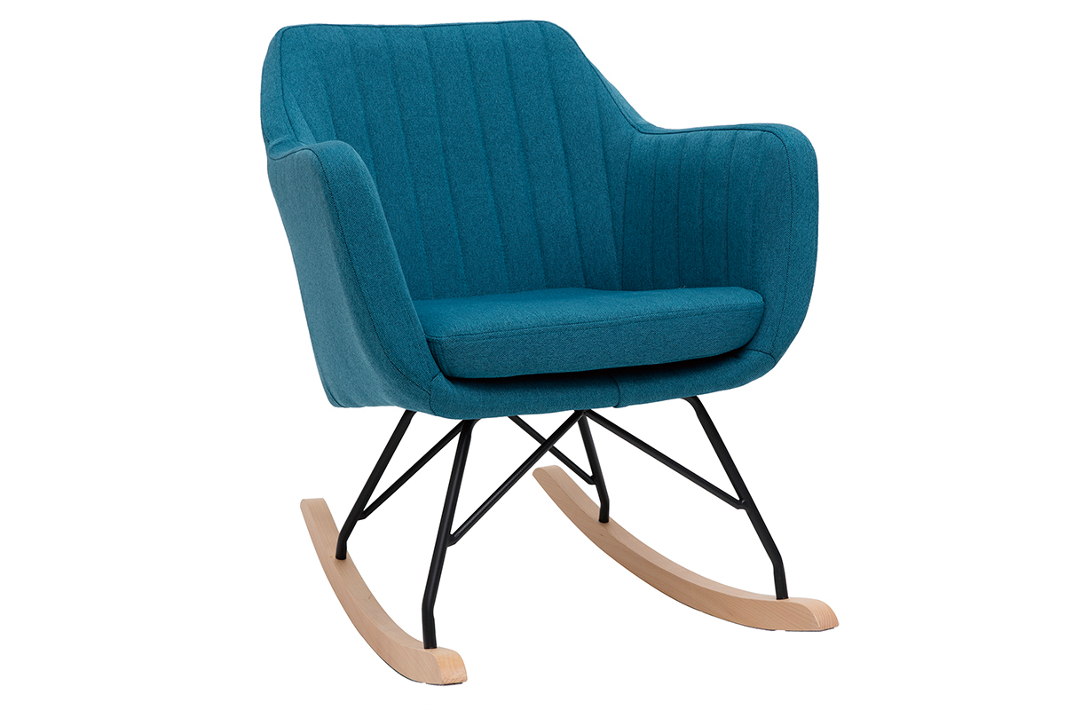 Rocking chair scandinave en tissu bleu canard, mtal noir et bois clair ALEYNA