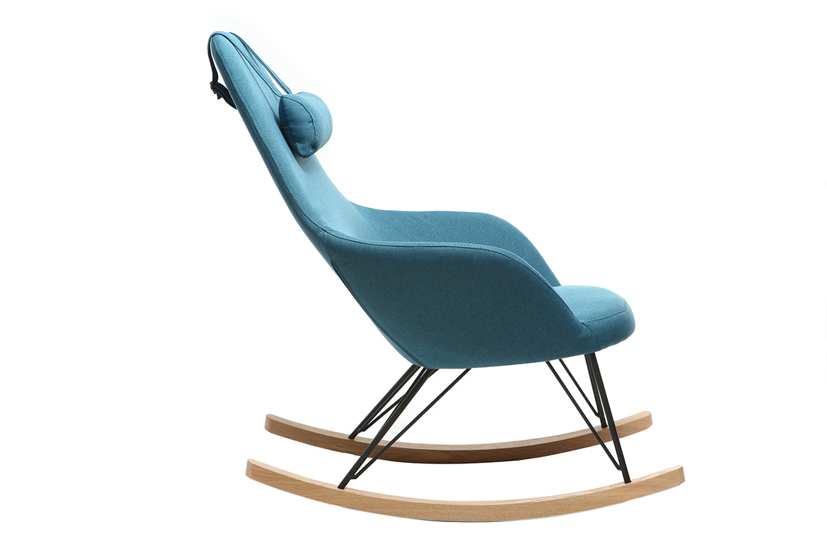 Rocking chair scandinave en tissu bleu canard, mtal noir et bois clair JHENE