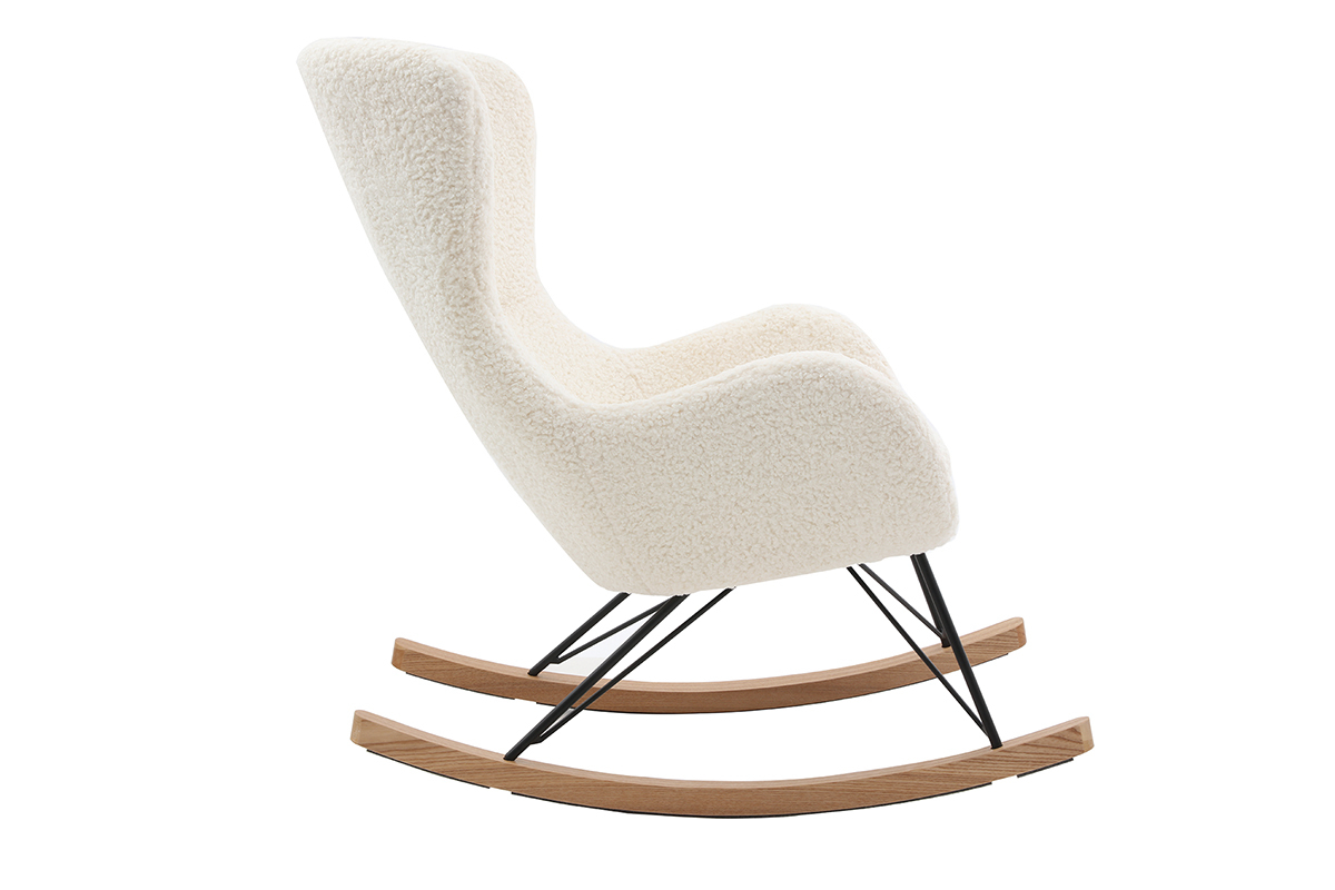 Rocking chair scandinave en tissu effet peau de mouton blanc, mtal noir et bois clair  ESKUA